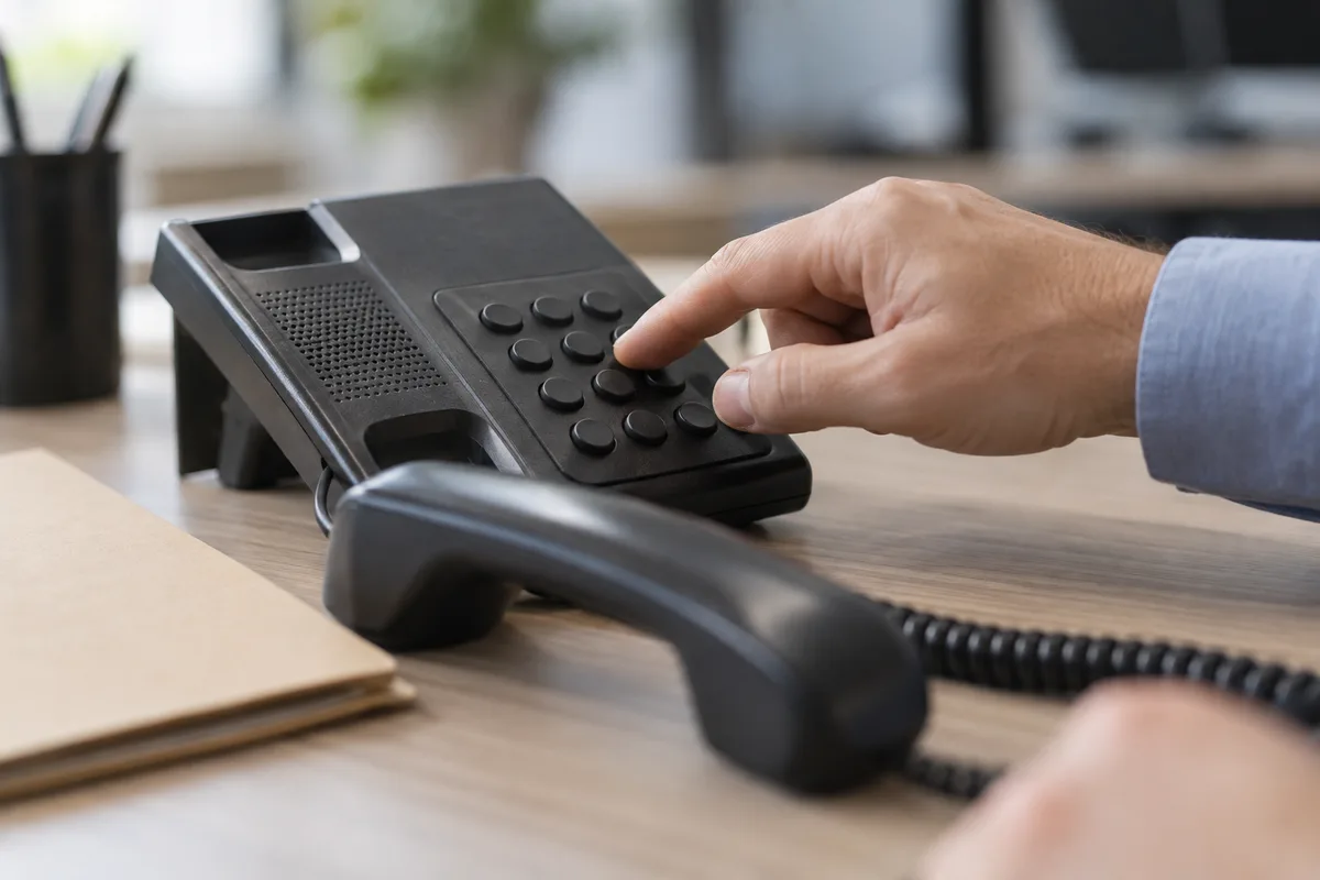 Main composant un numéro sur le clavier d’un téléphone fixe de bureau