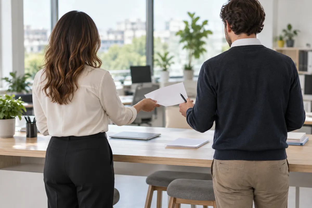 Deux collègues se transmettant un document de validation au-dessus d’un bureau