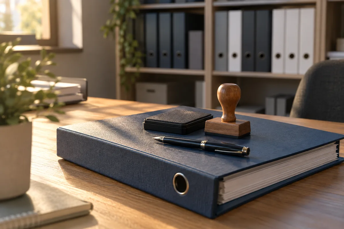Classeur de procédures fermé avec tampon encreur et stylo posés sur un bureau en bois