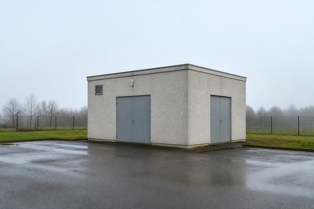 Bâtiment technique en béton clair au fond d’une cour d’entreprise au petit matin