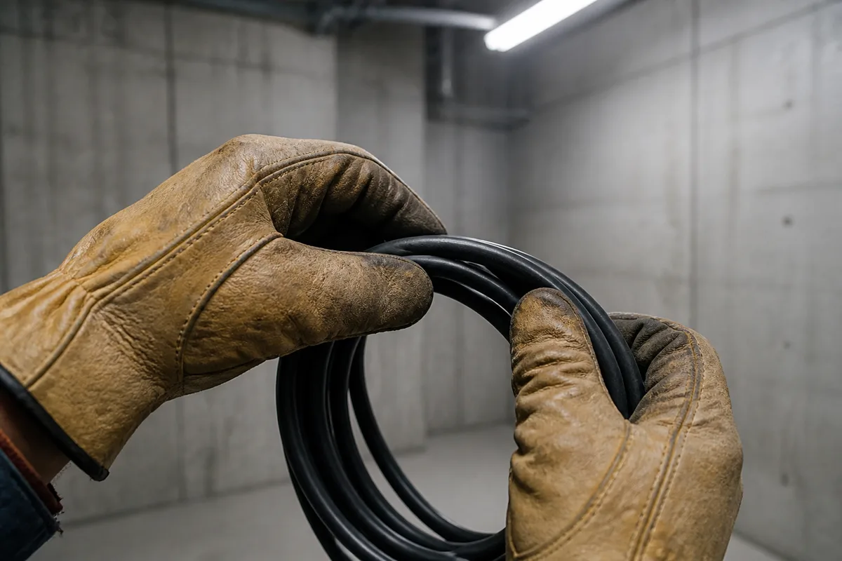 Mains gantées de cuir enroulant un câble souple dans un local technique
