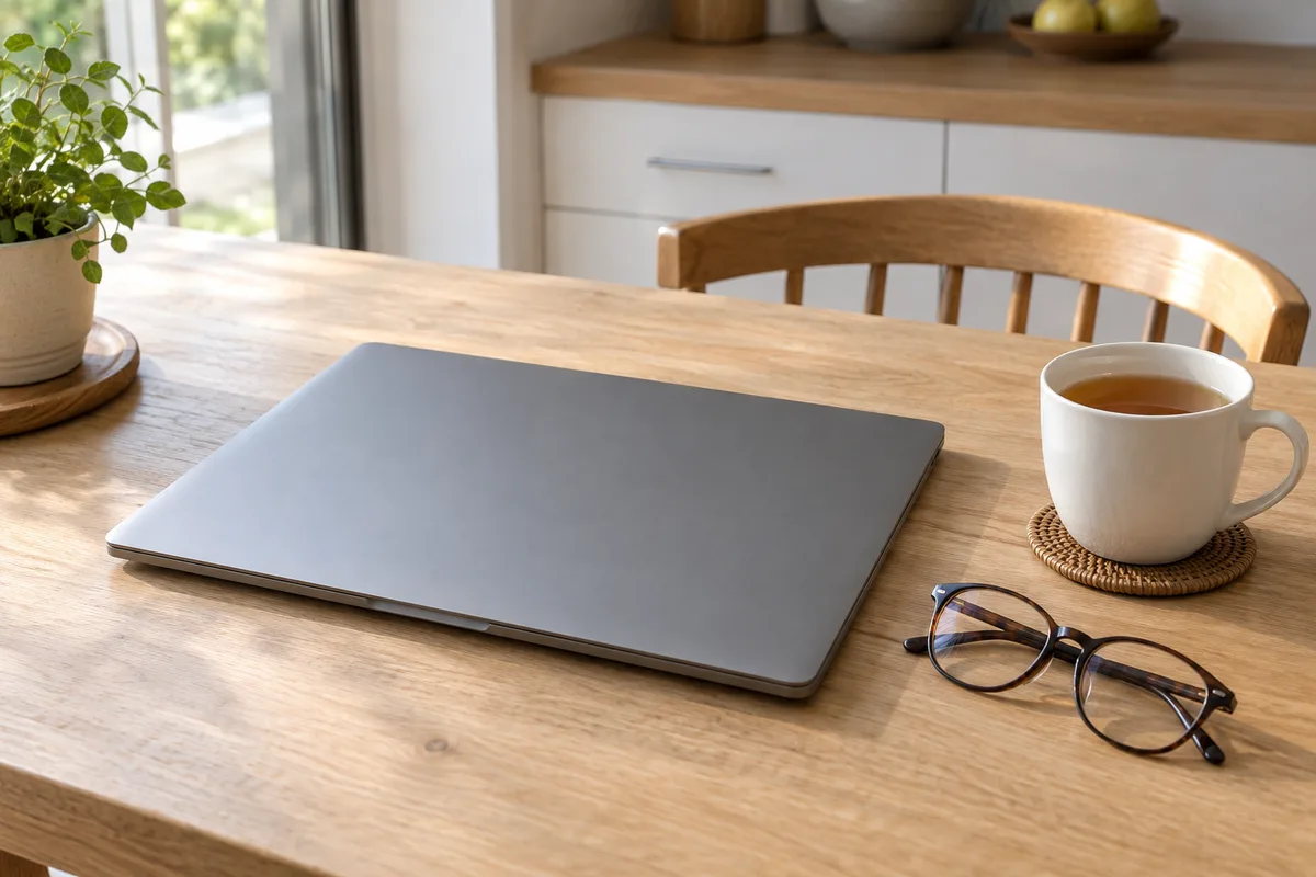 Ordinateur portable fermé sur une table de cuisine, à côté d&rsquo;une tasse de thé et de lunettes pliées