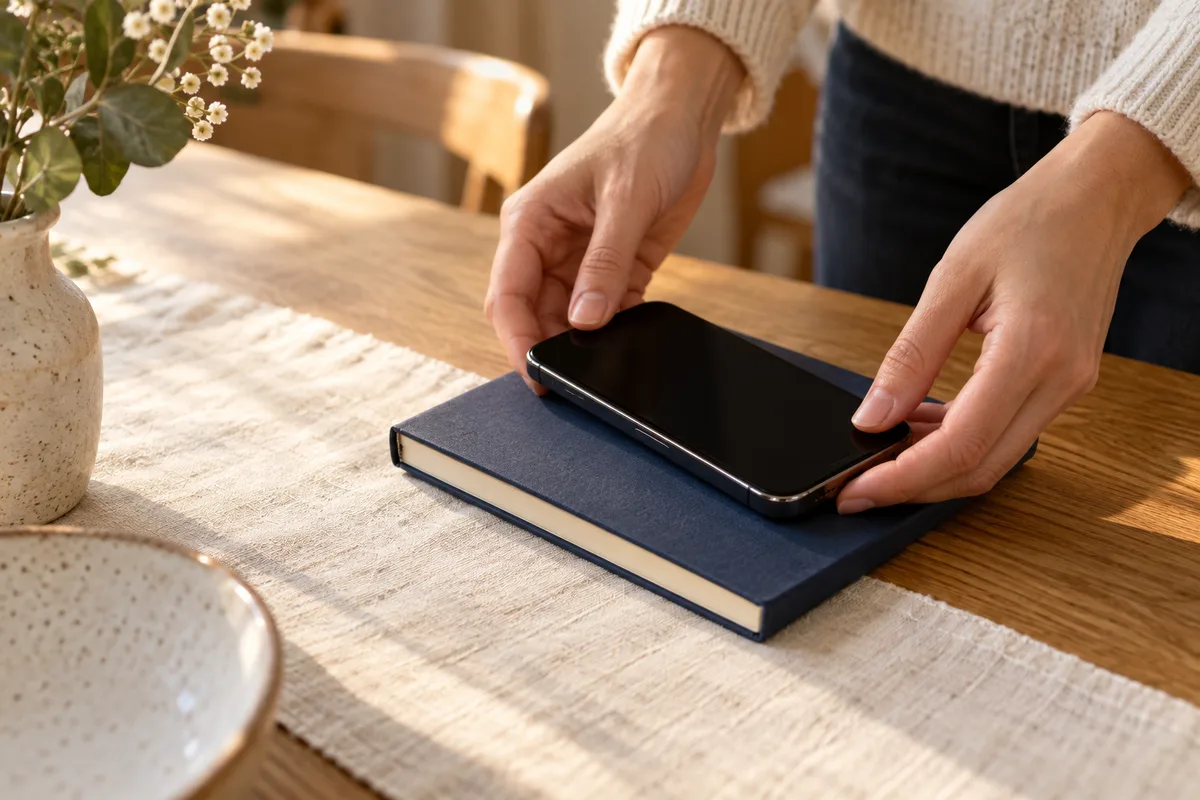 Mains qui posent un smartphone éteint sur un carnet fermé, au centre d&rsquo;une table en chêne