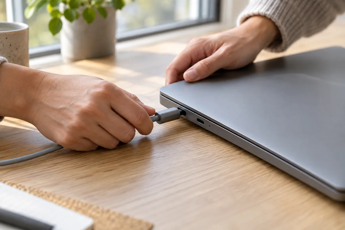 Mains branchant le chargeur d’un ordinateur portable fermé avant une mise à jour