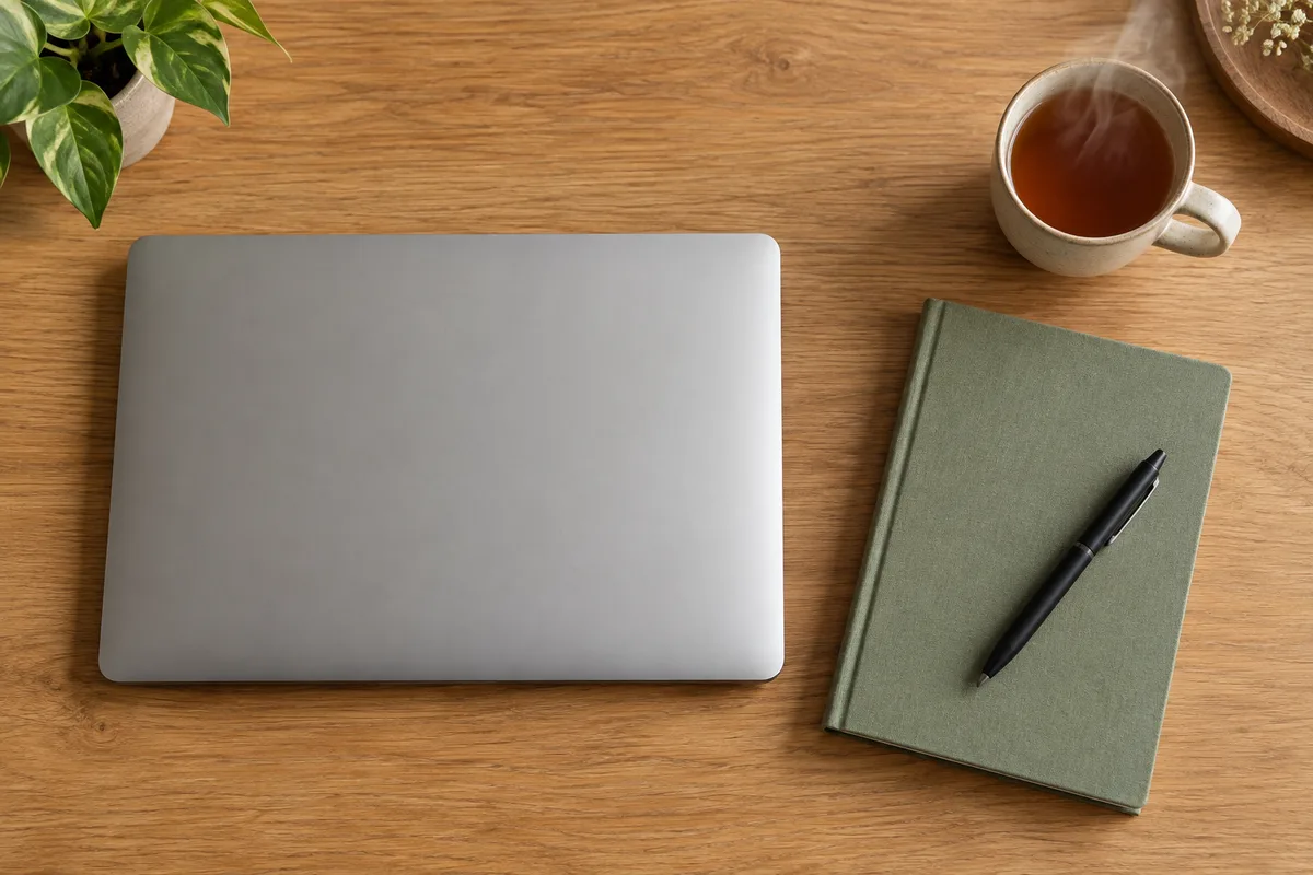 Ordinateur portable fermé, carnet et stylo sur un bureau en bois vu de haut