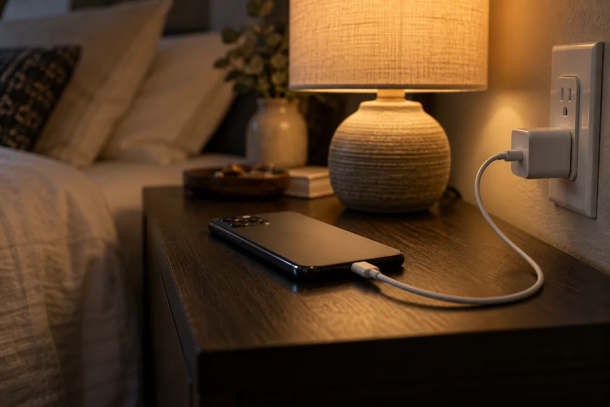 Smartphone retourné en charge sur une table de chevet en bois