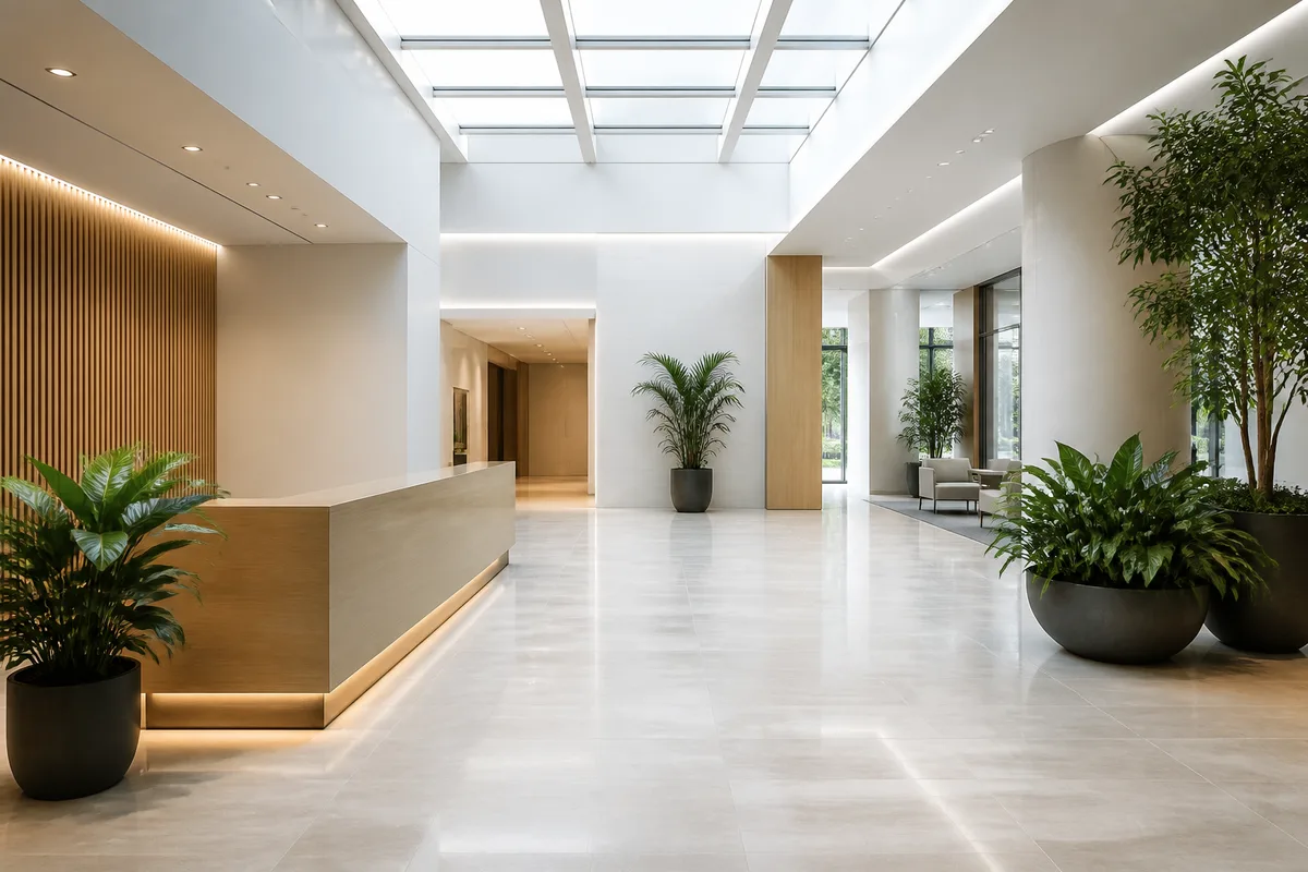 Hall d’accueil désert d’un immeuble de bureaux en lumière naturelle