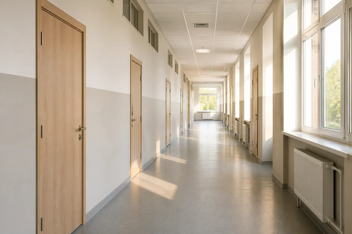 Couloir désert d’un établissement public aux murs clairs