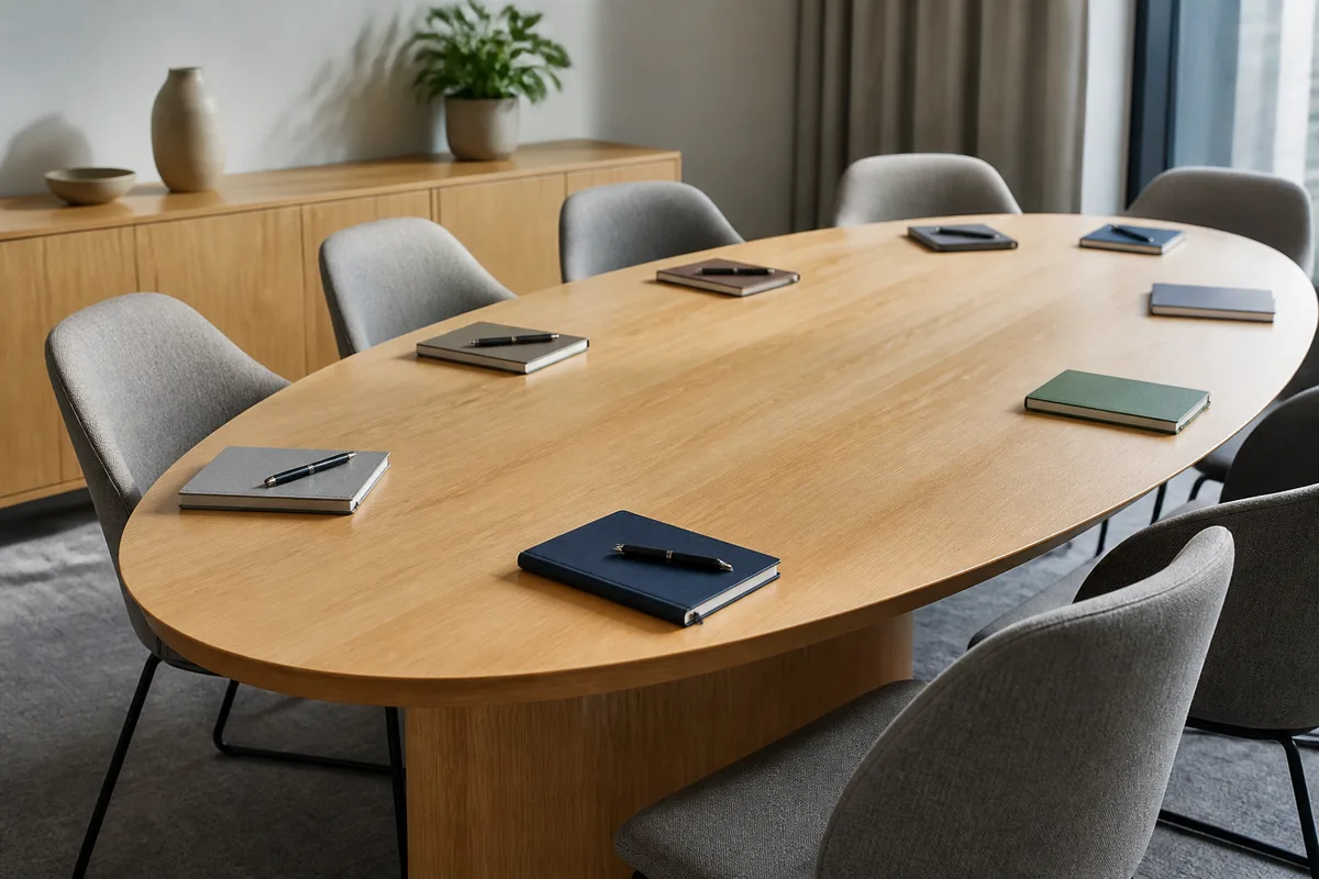 Table de réunion en bois clair avec des carnets fermés et des stylos