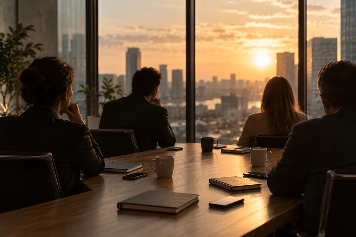 Réunion de crise vue de dos autour d&rsquo;une table de bureau, silhouettes floues en contre-jour