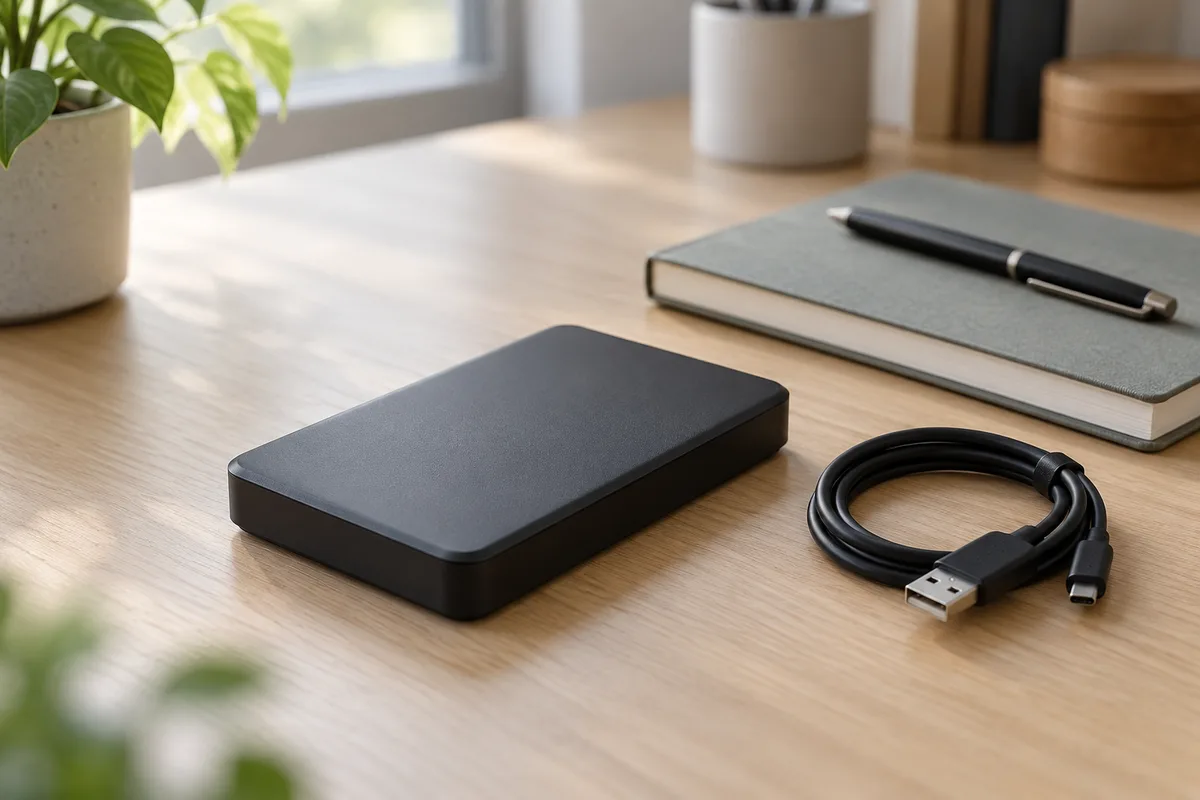 Disque dur externe noir mat posé sur un bureau rangé près d&rsquo;un carnet fermé