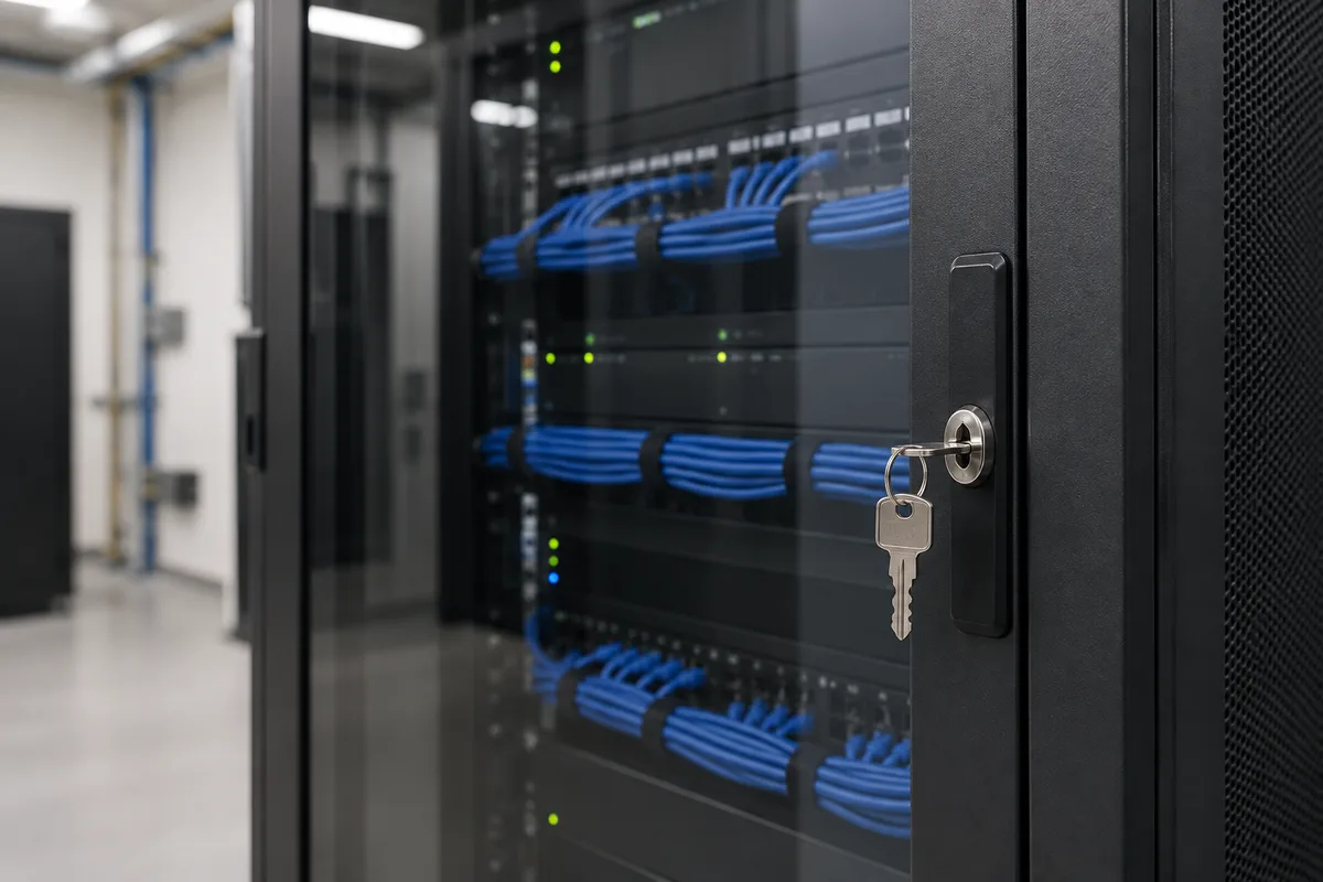 Baie informatique fermée à porte vitrée avec une clé insérée dans la serrure
