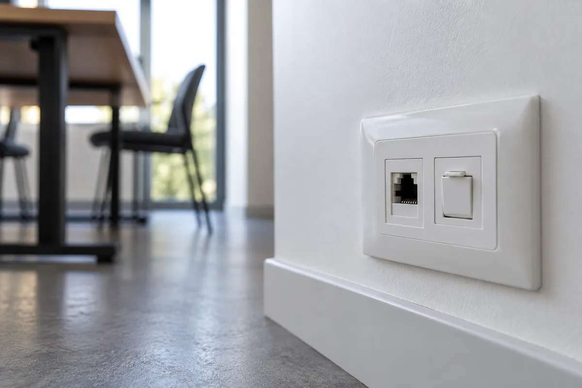 Prise murale RJ45 double dans une salle de réunion vide avec un obturateur sur un port