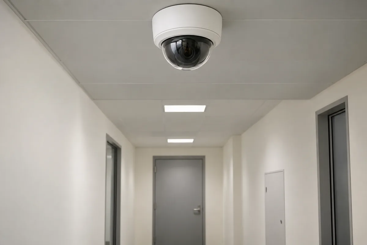 Caméra de vidéoprotection en dôme au plafond d&rsquo;un couloir menant à un local technique