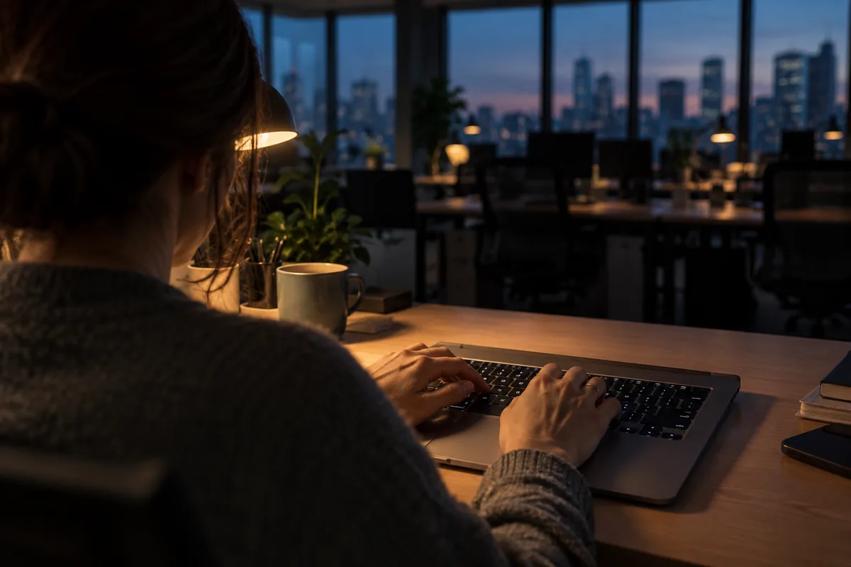 Mains posées sur un clavier dans un open space plongé dans la pénombre