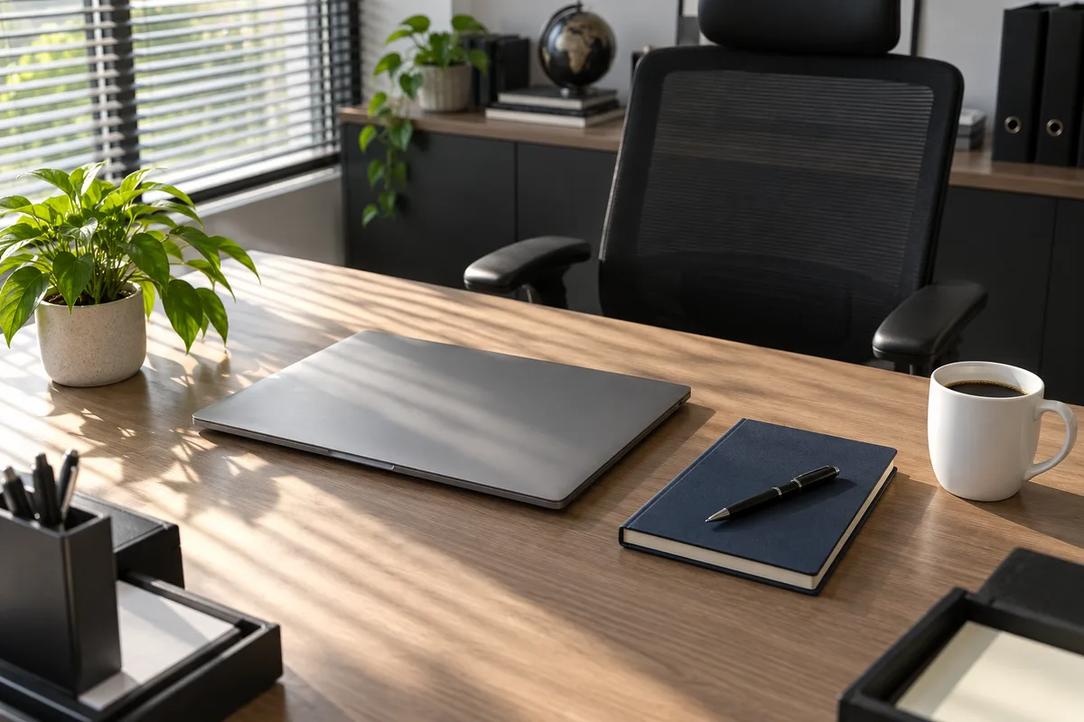 Bureau de responsable sécurité avec ordinateur portable fermé et carnet uni